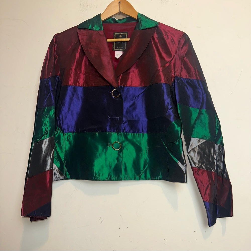 Vintage 1980s Mesmerize Gold Blazer Women’s MED Iridescent Colorblock Glamour